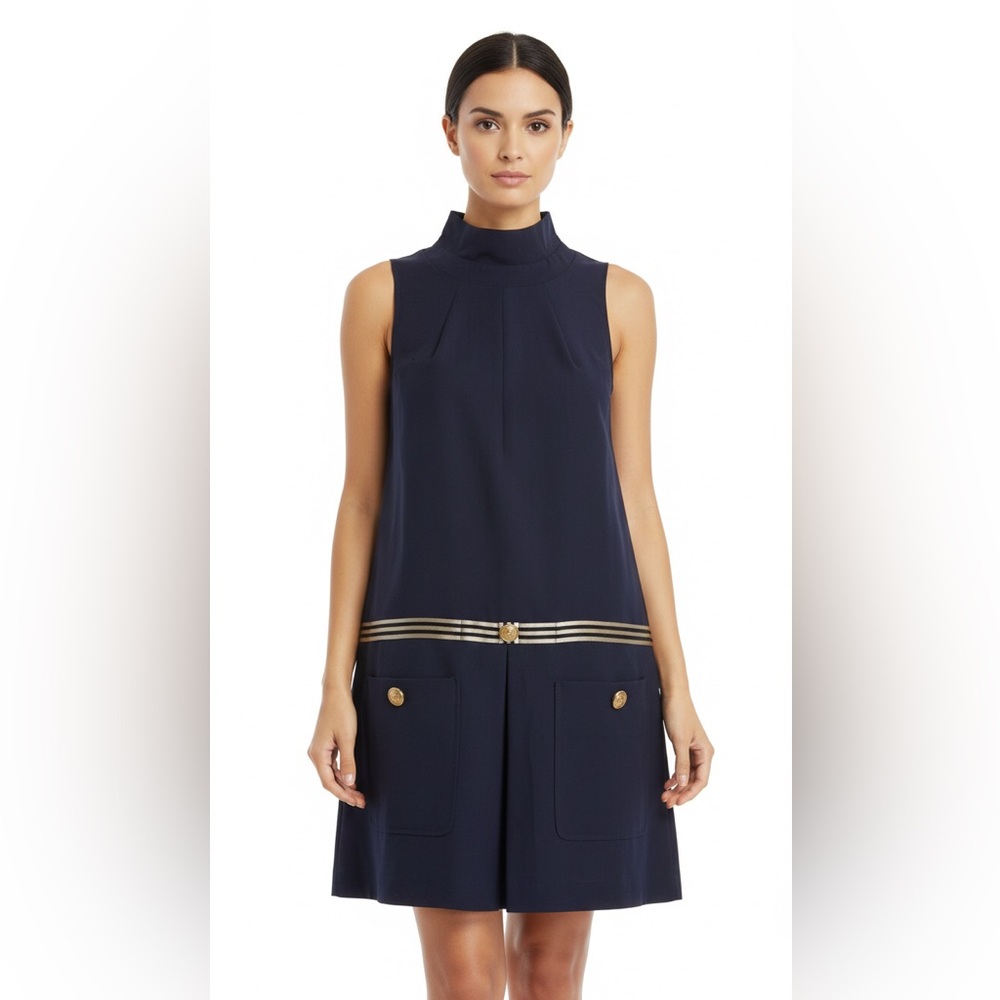 Navy Sleeveless Dress with Gold Button Accents